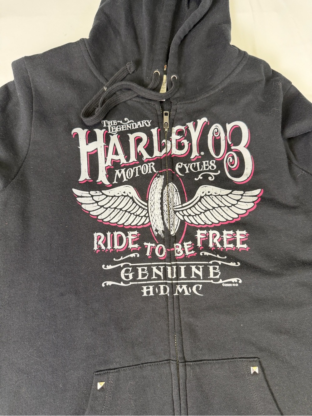 Harley-Davidson Black Hoodie with White and Pink Winged Graphic